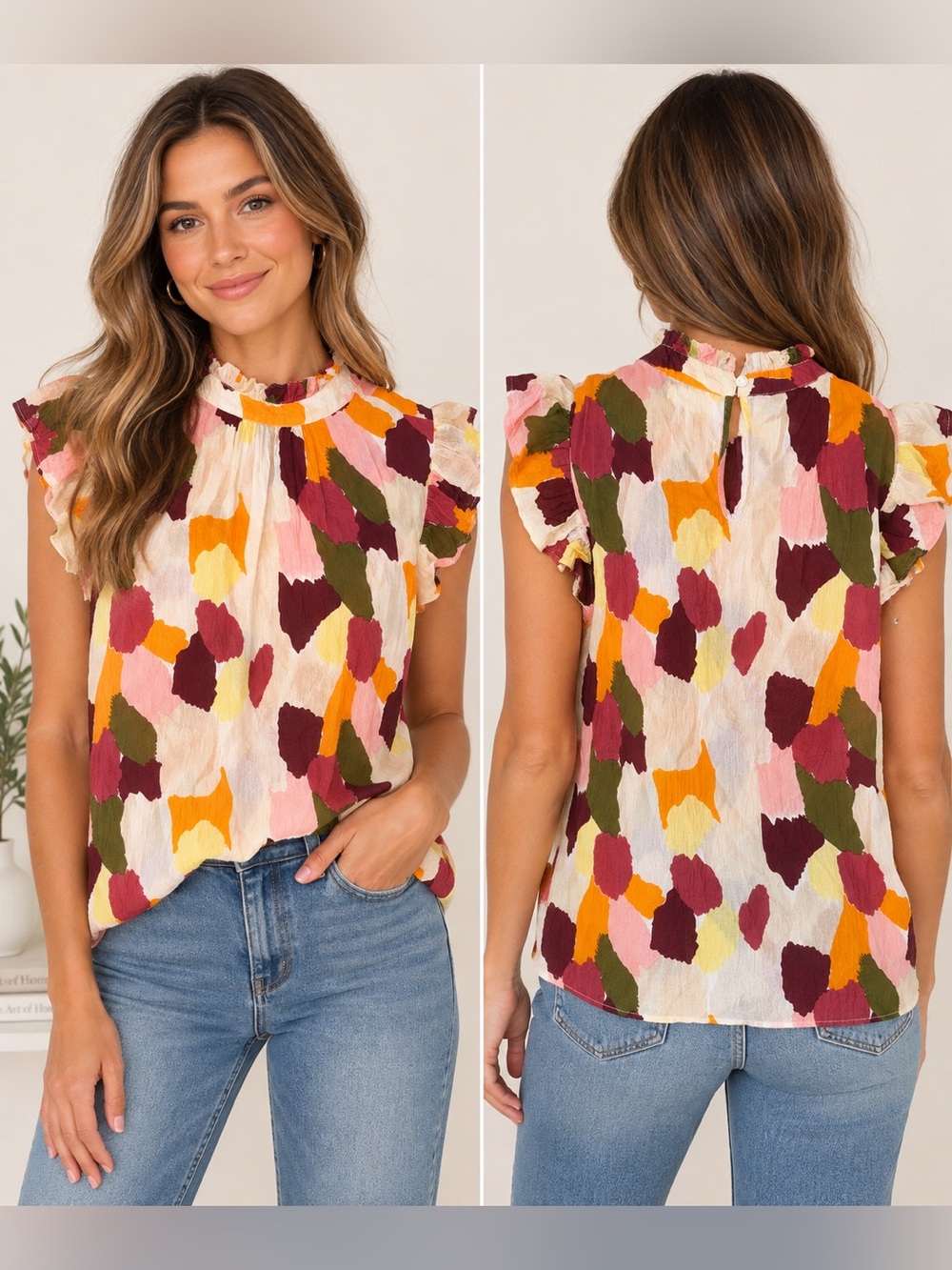 THML Abstract Floral Ruffle Sleeve Cotton Blouse Top Size M